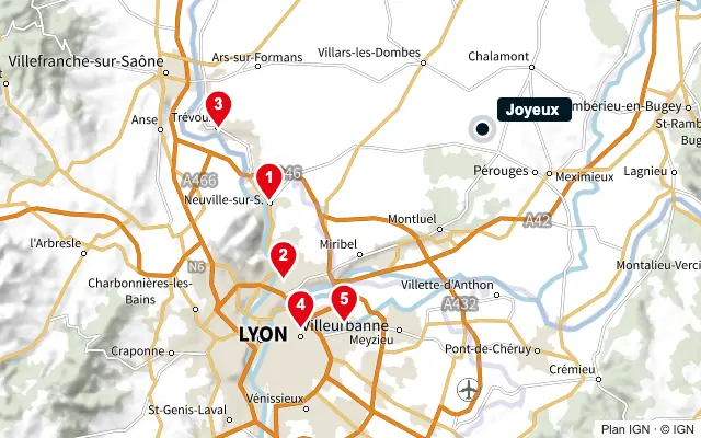 Carte : Joyeux et les 5 agences de la liste, numérotées de 1 à 5