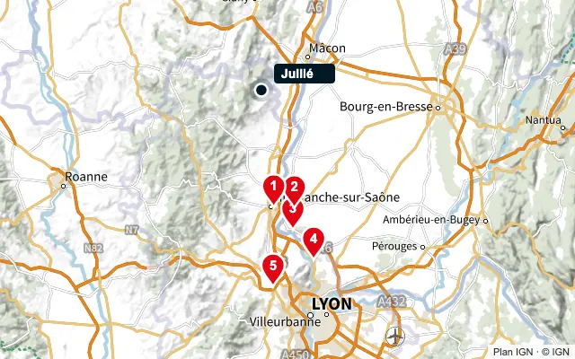 Carte : Jullié et les 5 agences de la liste, numérotées de 1 à 5