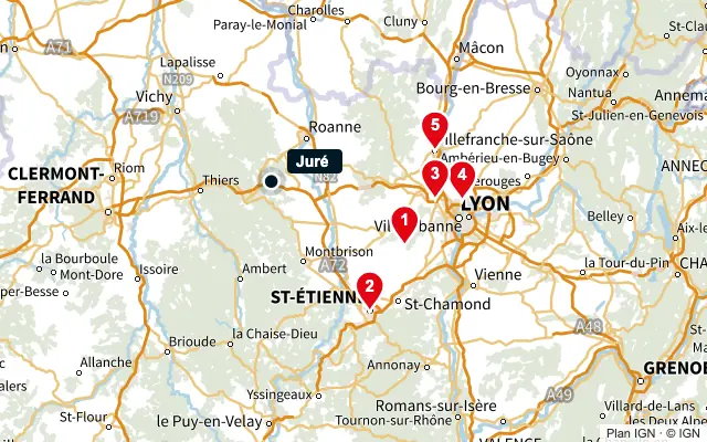 Carte : Juré et les 5 agences de la liste, numérotées de 1 à 5