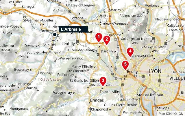 Carte : L'Arbresle et les 5 agences de la liste, numérotées de 1 à 5