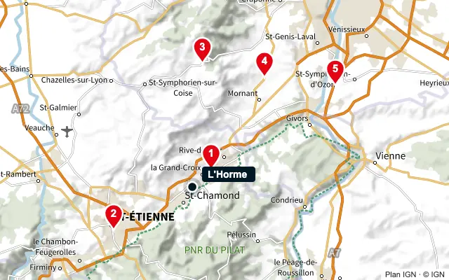 Carte : L'Horme et les 5 agences de la liste, numérotées de 1 à 5