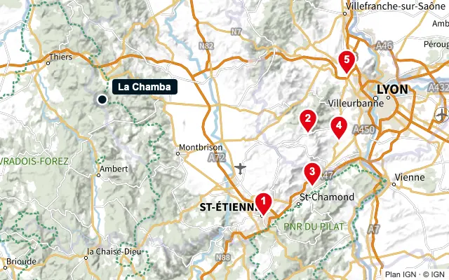 Carte : La Chamba et les 5 agences de la liste, numérotées de 1 à 5