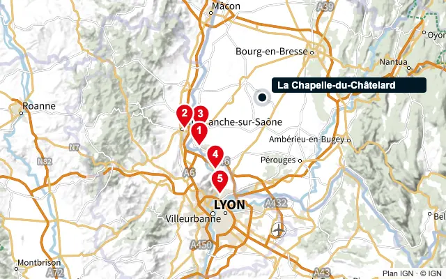 Carte : La Chapelle-du-Châtelard et les 5 agences de la liste, numérotées de 1 à 5