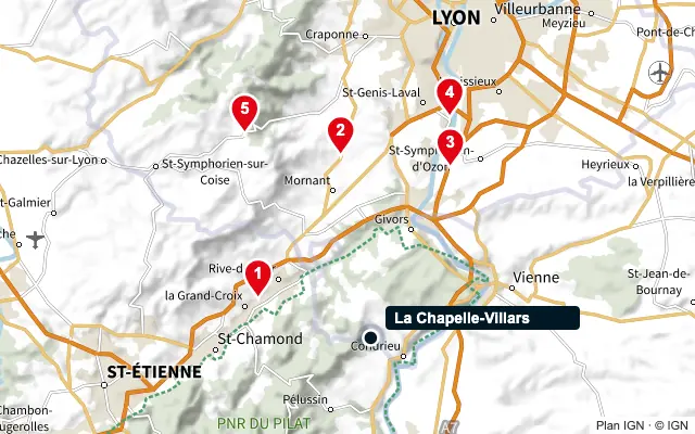 Carte : La Chapelle-Villars et les 5 agences de la liste, numérotées de 1 à 5