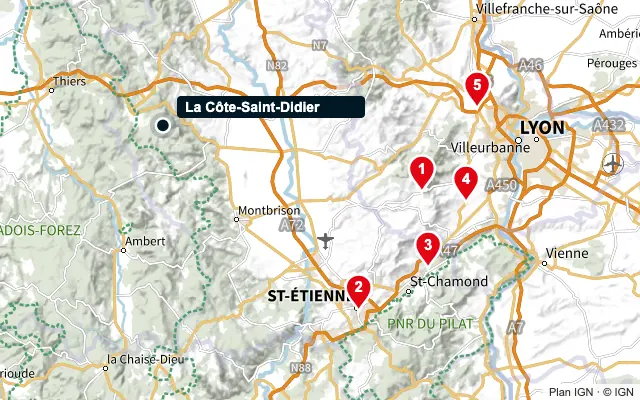 Carte : La Côte-Saint-Didier et les 5 agences de la liste, numérotées de 1 à 5