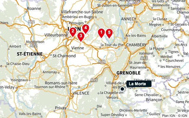Carte : La Morte et les 5 agences de la liste, numérotées de 1 à 5