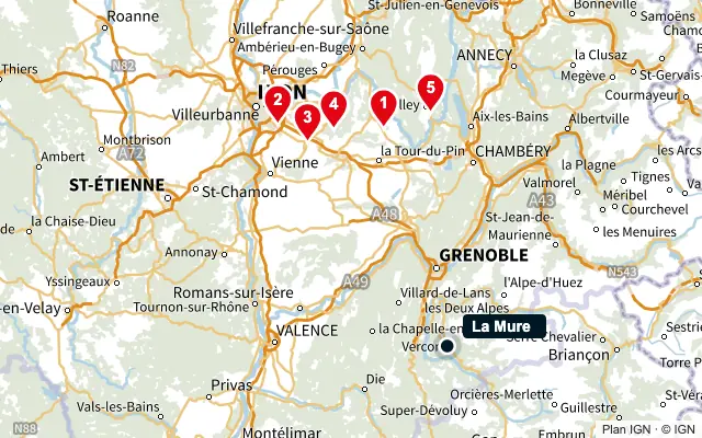 Carte : La Mure et les 5 agences de la liste, numérotées de 1 à 5
