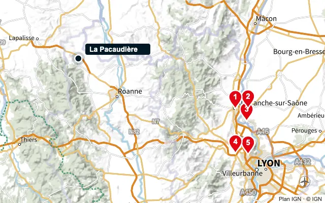 Carte : La Pacaudière et les 5 agences de la liste, numérotées de 1 à 5