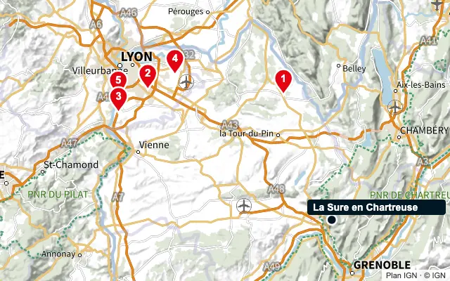 Carte : La Sure en Chartreuse et les 5 agences de la liste, numérotées de 1 à 5