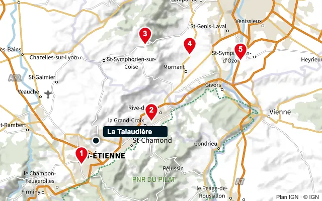 Carte : La Talaudière et les 5 agences de la liste, numérotées de 1 à 5