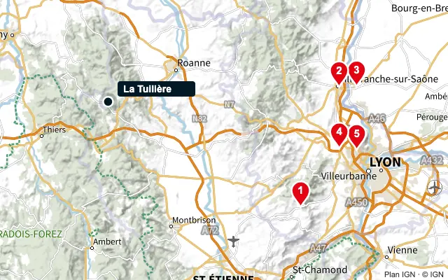 Carte : La Tuilière et les 5 agences de la liste, numérotées de 1 à 5