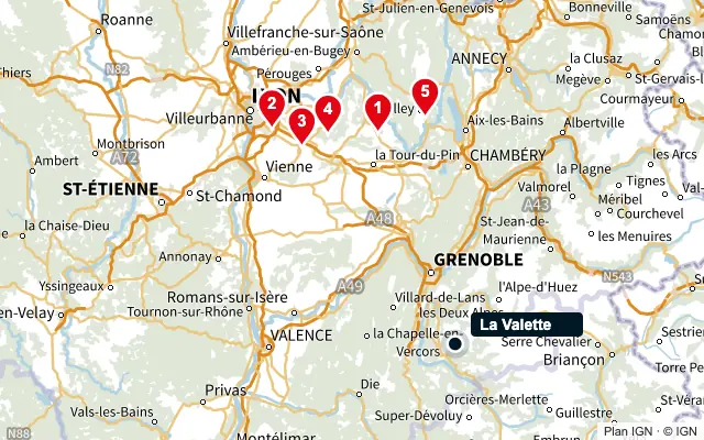 Carte : La Valette et les 5 agences de la liste, numérotées de 1 à 5
