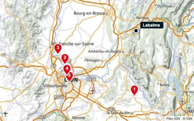 Carte : Labalme et les 5 agences de la liste, numérotées de 1 à 5