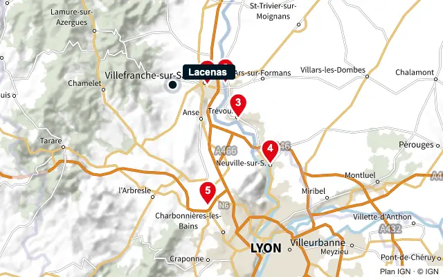Carte : Lacenas et les 5 agences de la liste, numérotées de 1 à 5