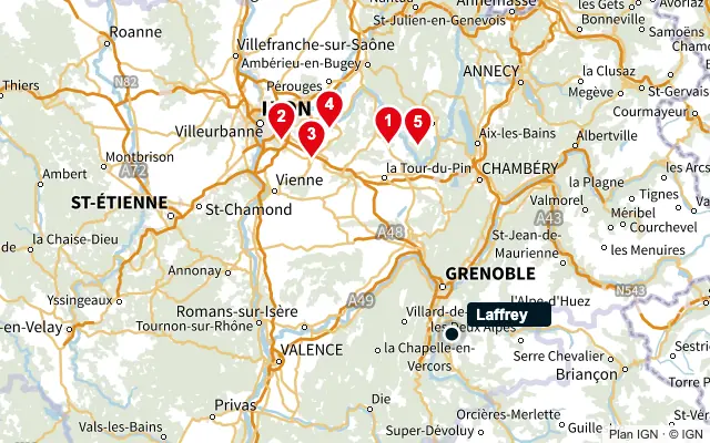 Carte : Laffrey et les 5 agences de la liste, numérotées de 1 à 5