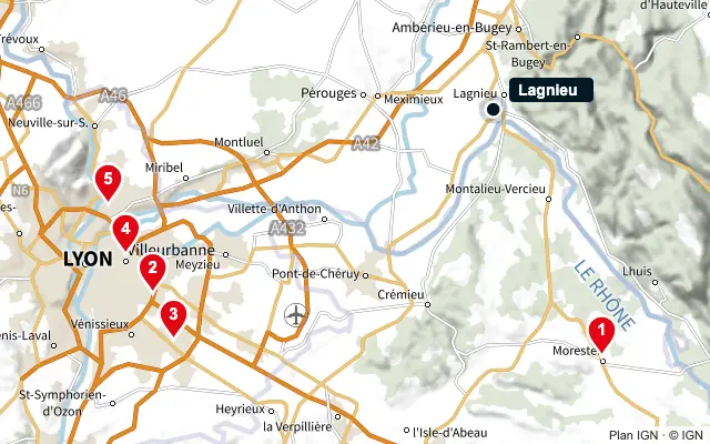 Carte : Lagnieu et les 5 agences de la liste, numérotées de 1 à 5