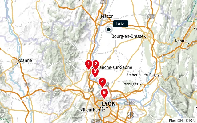 Carte : Laiz et les 5 agences de la liste, numérotées de 1 à 5
