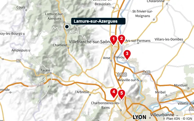 Carte : Lamure-sur-Azergues et les 5 agences de la liste, numérotées de 1 à 5