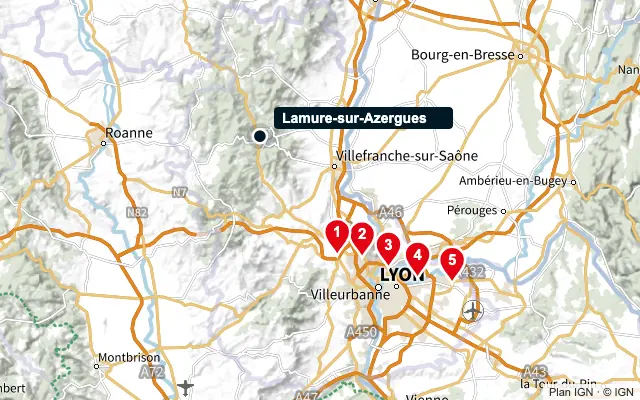 Carte : Lamure-sur-Azergues et les 5 agences de la liste, numérotées de 1 à 5