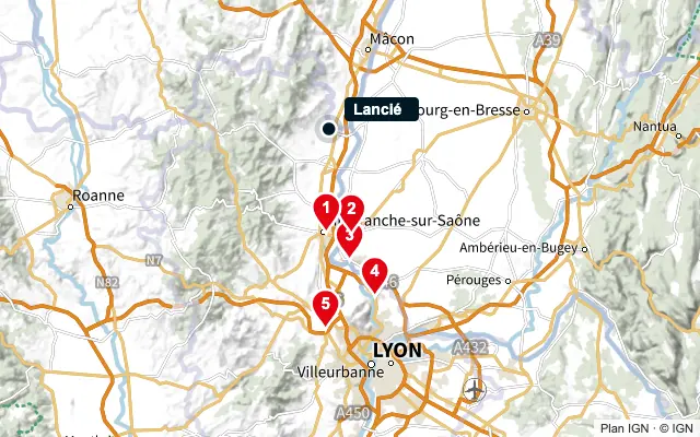 Carte : Lancié et les 5 agences de la liste, numérotées de 1 à 5