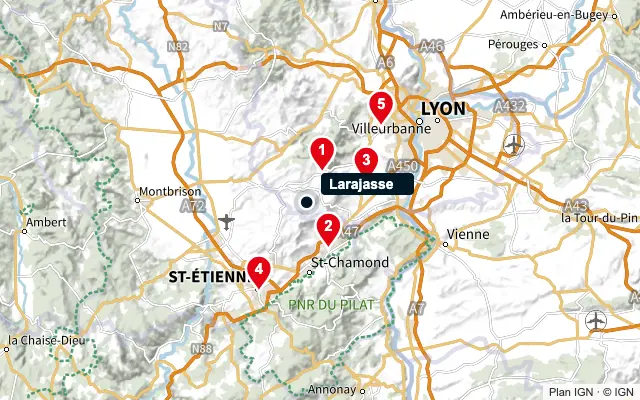 Carte : Larajasse et les 5 agences de la liste, numérotées de 1 à 5