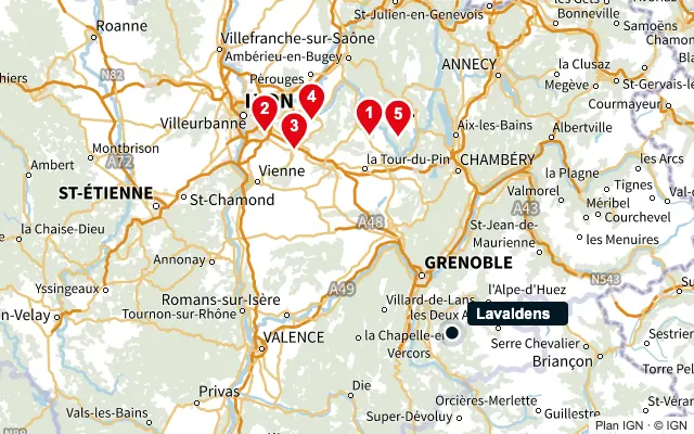 Carte : Lavaldens et les 5 agences de la liste, numérotées de 1 à 5