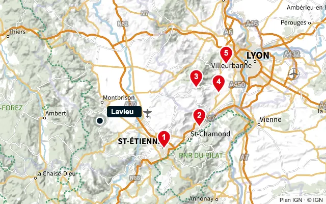 Carte : Lavieu et les 5 agences de la liste, numérotées de 1 à 5