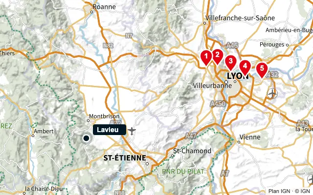 Carte : Lavieu et les 5 agences de la liste, numérotées de 1 à 5