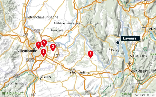 Carte : Lavours et les 5 agences de la liste, numérotées de 1 à 5