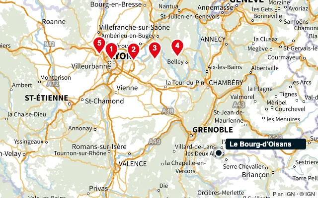 Carte : Le Bourg-d'Oisans et les 5 agences de la liste, numérotées de 1 à 5