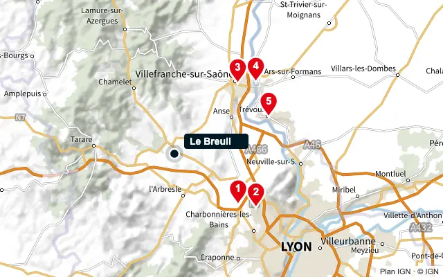 Carte : Le Breuil et les 5 agences de la liste, numérotées de 1 à 5