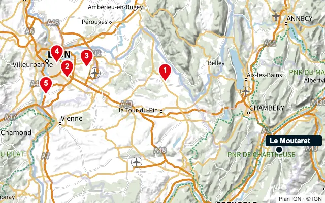 Carte : Le Moutaret et les 5 agences de la liste, numérotées de 1 à 5