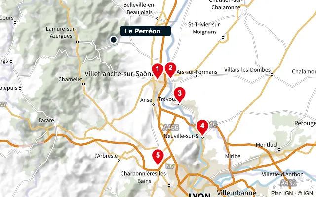 Carte : Le Perréon et les 5 agences de la liste, numérotées de 1 à 5