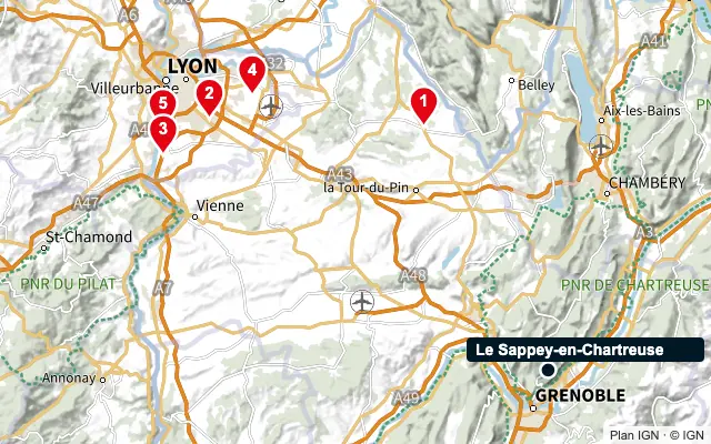 Carte : Le Sappey-en-Chartreuse et les 5 agences de la liste, numérotées de 1 à 5