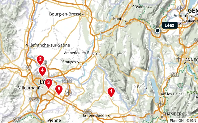 Carte : Léaz et les 5 agences de la liste, numérotées de 1 à 5