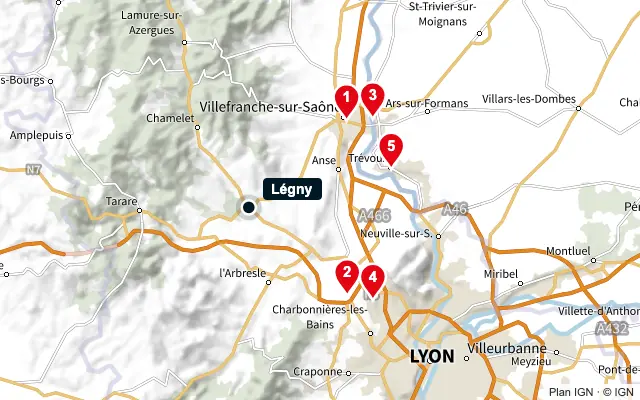 Carte : Légny et les 5 agences de la liste, numérotées de 1 à 5
