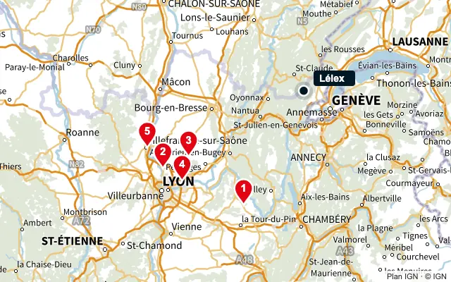 Carte : Lélex et les 5 agences de la liste, numérotées de 1 à 5