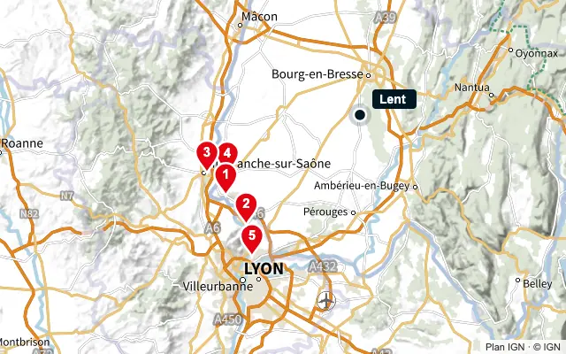 Carte : Lent et les 5 agences de la liste, numérotées de 1 à 5
