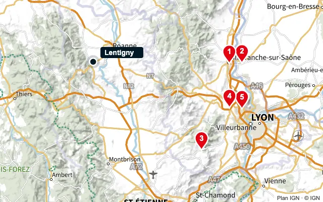 Carte : Lentigny et les 5 agences de la liste, numérotées de 1 à 5