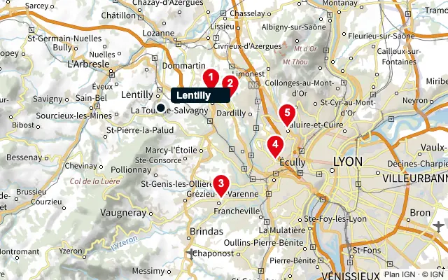 Carte : Lentilly et les 5 agences de la liste, numérotées de 1 à 5