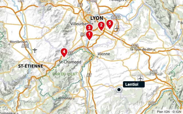 Carte : Lentiol et les 5 agences de la liste, numérotées de 1 à 5