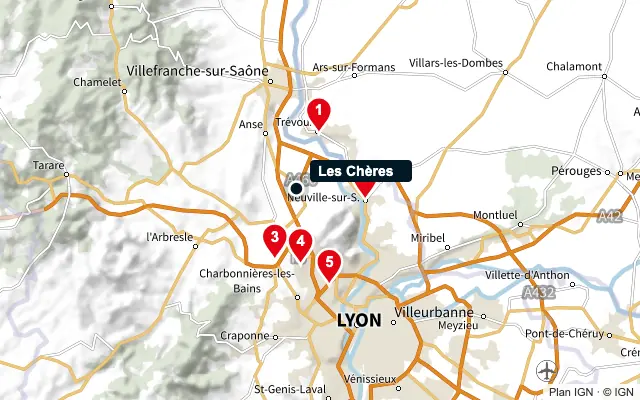 Carte : Les Chères et les 5 agences de la liste, numérotées de 1 à 5