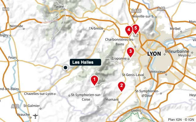 Carte : Les Halles et les 5 agences de la liste, numérotées de 1 à 5