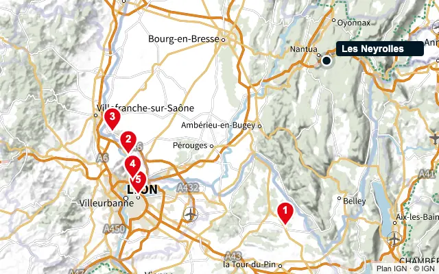Carte : Les Neyrolles et les 5 agences de la liste, numérotées de 1 à 5