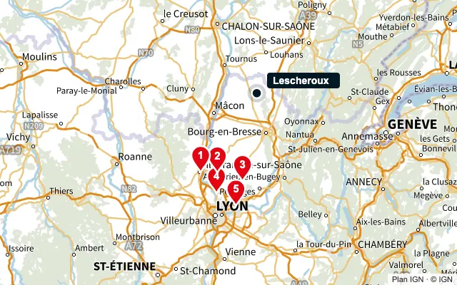 Carte : Lescheroux et les 5 agences de la liste, numérotées de 1 à 5