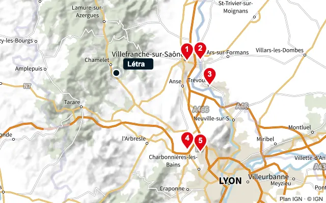 Carte : Létra et les 5 agences de la liste, numérotées de 1 à 5
