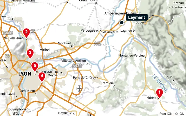 Carte : Leyment et les 5 agences de la liste, numérotées de 1 à 5