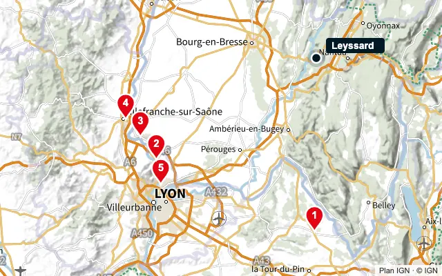Carte : Leyssard et les 5 agences de la liste, numérotées de 1 à 5