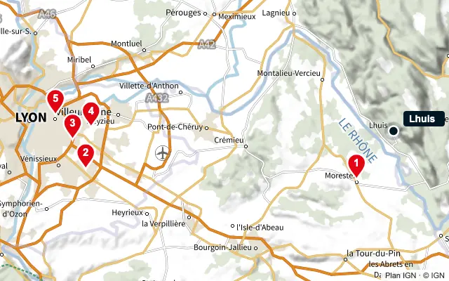 Carte : Lhuis et les 5 agences de la liste, numérotées de 1 à 5