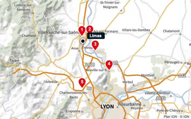 Carte : Limas et les 5 agences de la liste, numérotées de 1 à 5